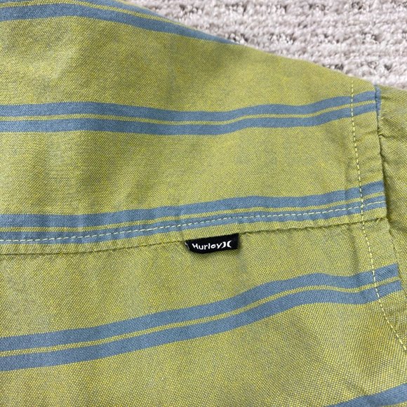 Hurley Shirt Men Medium Large L Green Blue Striped Button Down Short Sleeve Surf - Picture 12 of 12
